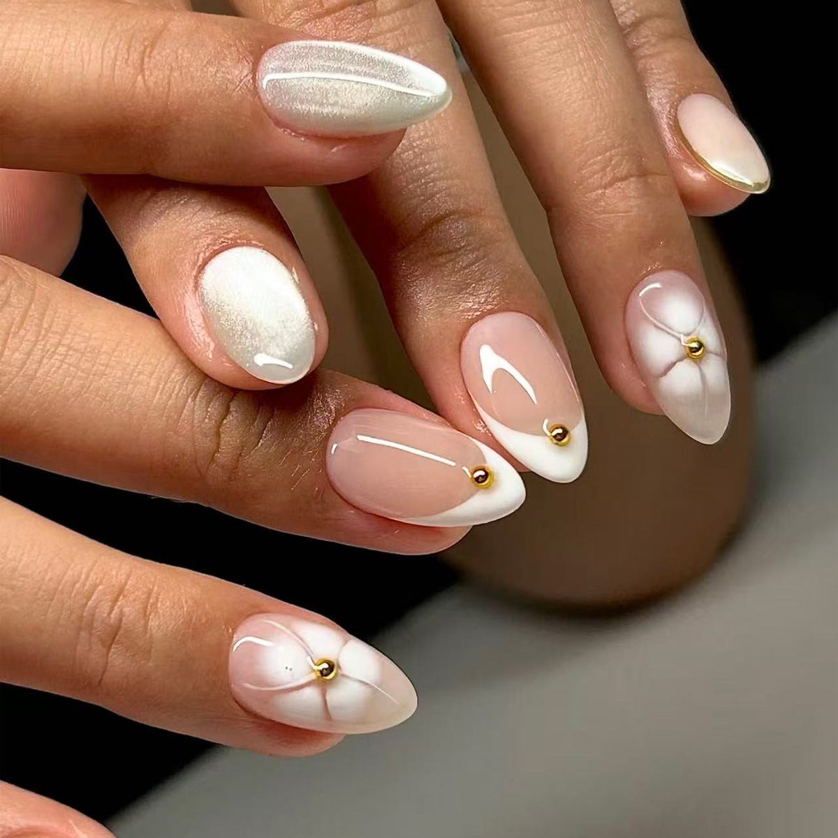 Elegant Blossom Medium Almond White with Gold Detail Press On Nail Set