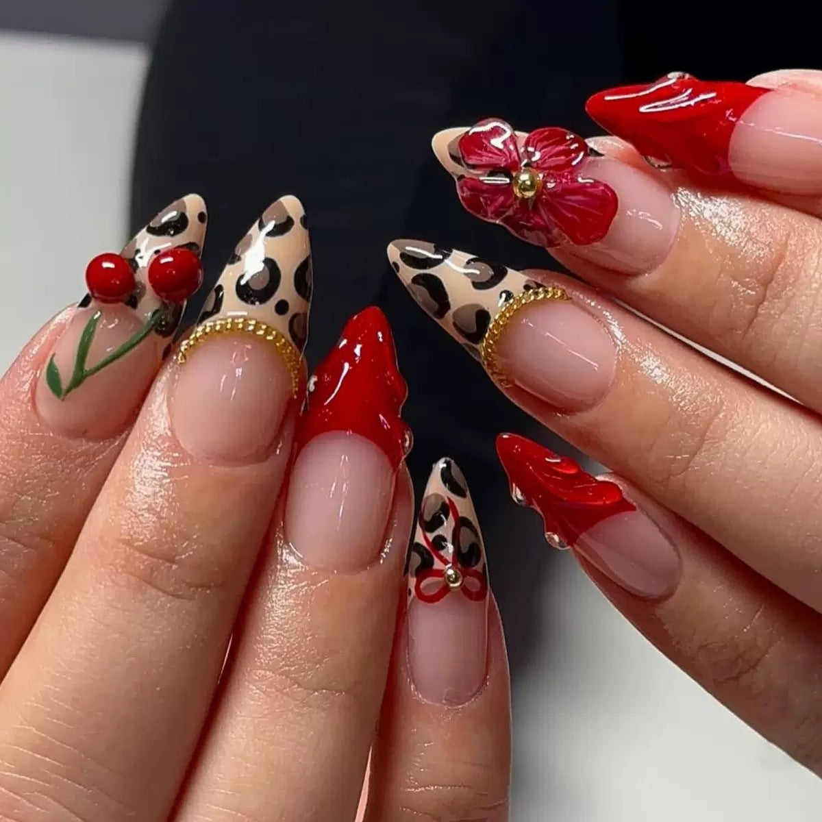 Wildflower Elegance Long Almond Red and Beige Leopard Print Press On Nail Set with Floral Accents and Glossy Finish