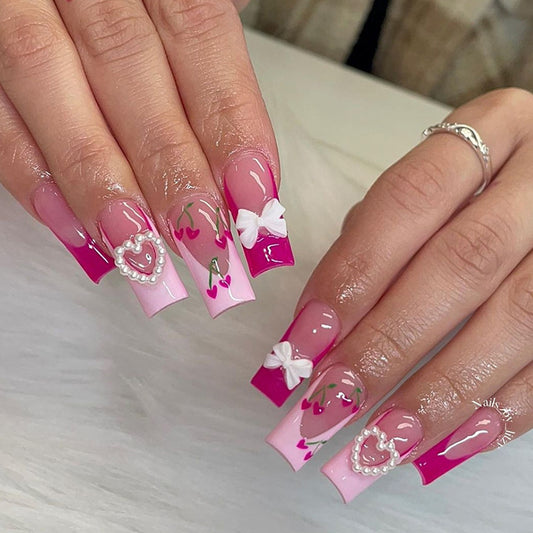Romantic Garden Long Square Ombré Pink with Heart and Bow Accents Press-On Nail Set