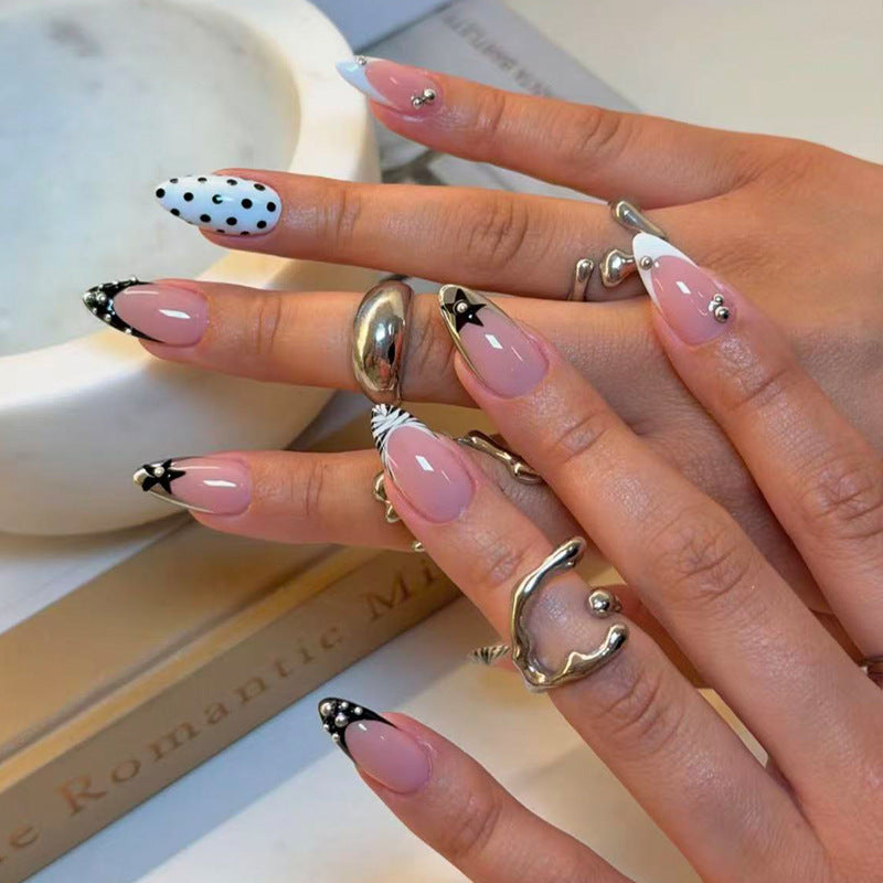 Chic Abstract Long Almond Black and White Gradient with Sparkling Accents Press-On Nail Set