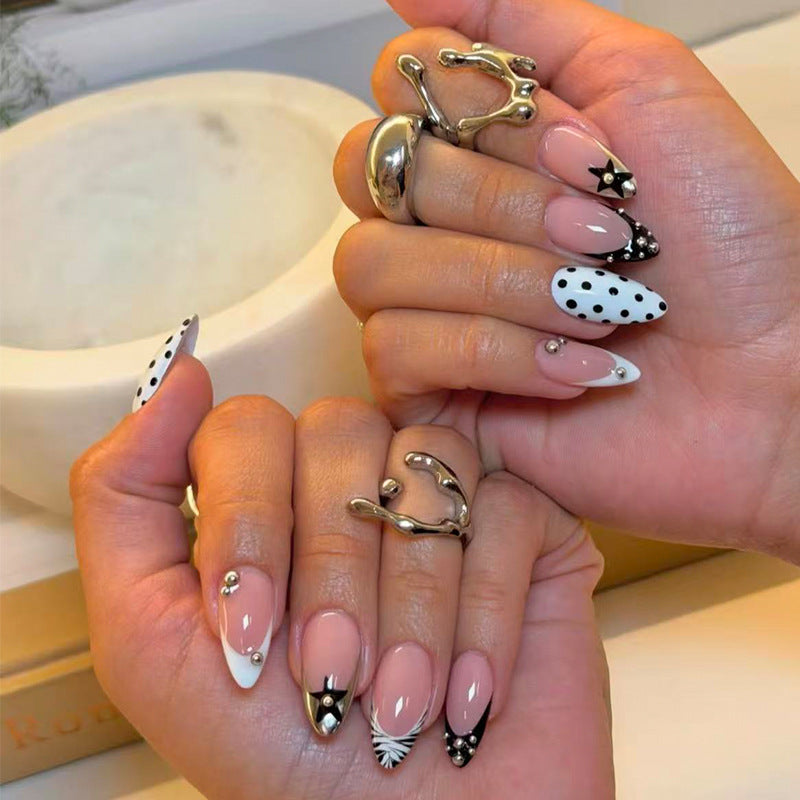 Stylish Chic Medium Almond Pink and Black Ombre Nail Set with Unique Gem Accents