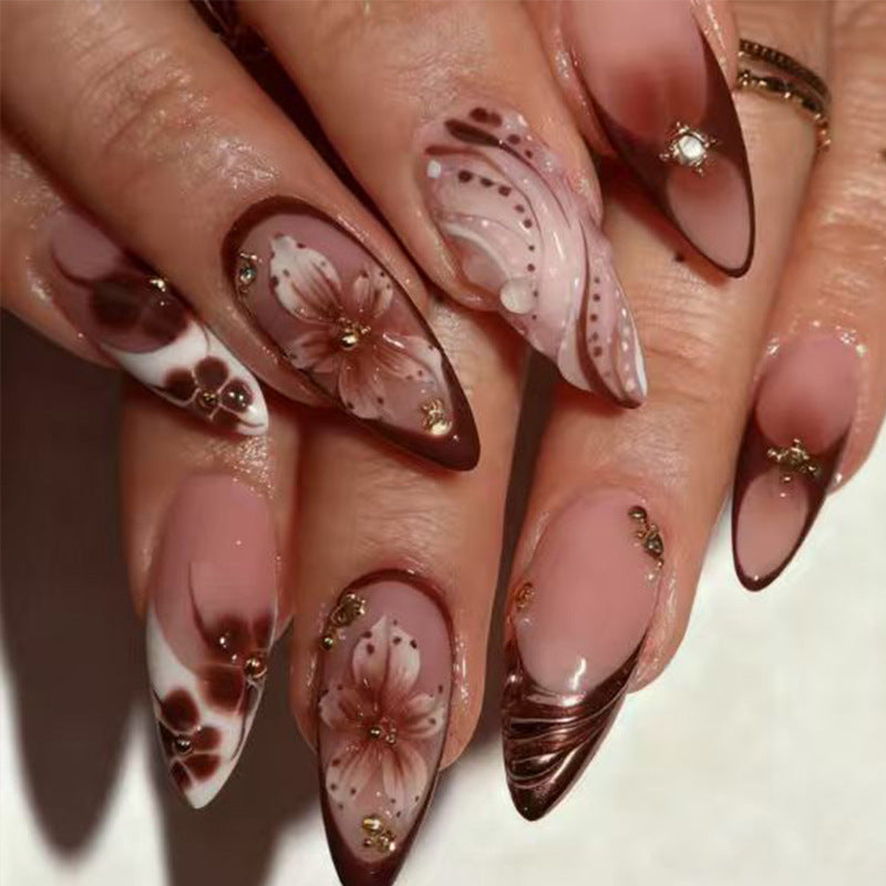 Bohemian Vibes Long Stiletto Pink and Brown Floral Press On Nail Set with Unique Shimmering Accent Design