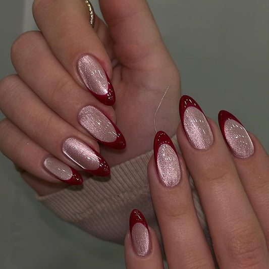 Glamorous Elegance Long Almond Red and Beige Press On Nail Set with Glitter Accent