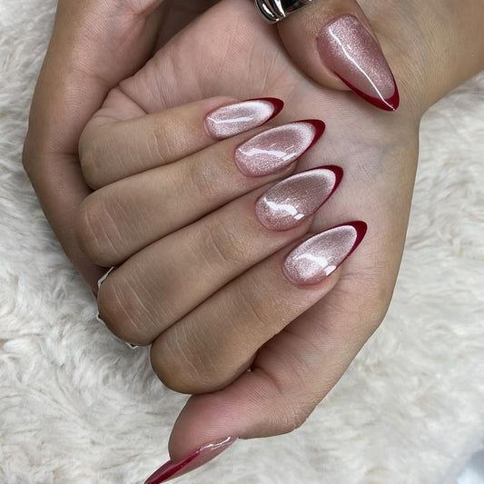 Romantic Elegance Long Almond Ombre Pink with Bold Red Tips for a Glamorous Touch