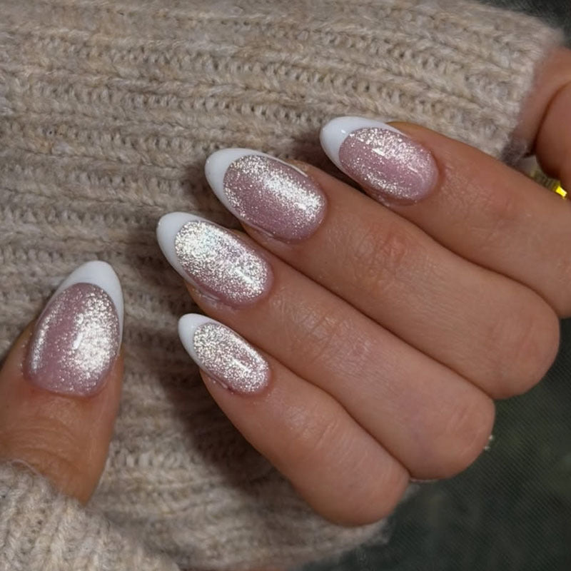 Glamorous Elegance Medium Oval Shaped Blush Pink with Sparkling Glitter Press on Nail Set
