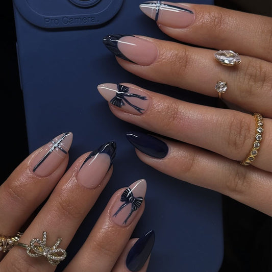 Elegant Midnight Charm Medium Almond Shape Bold Navy and Soft Beige with Chic Bow Accent Press On Nail Set