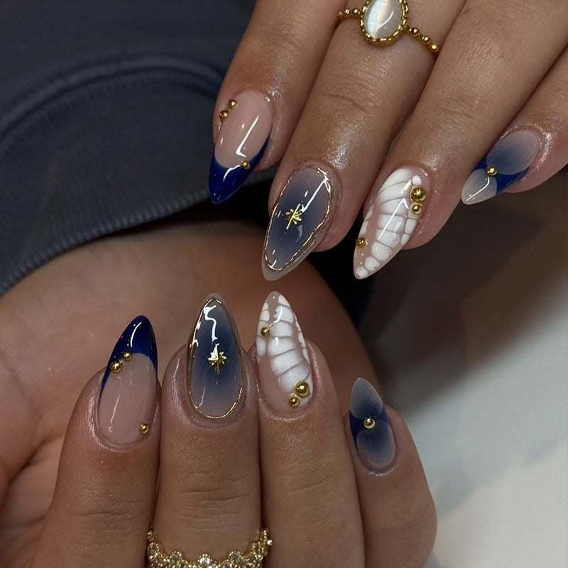 Celestial Elegance Long Almond Navy and Clear Press-On Nail Set with Glittering Gold Accents