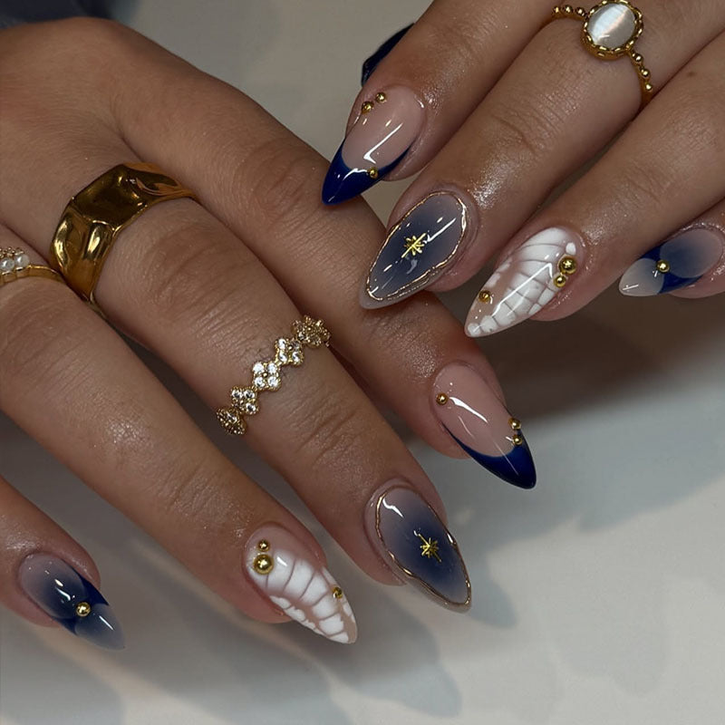 Celestial Elegance Long Almond Blue Ombre with Gold Accents and Unique Star Design Press on Nail Set