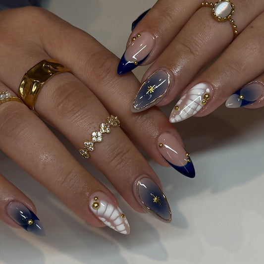 Celestial Elegance Long Almond Blue Ombre with Gold Accents and Unique Star Design Press on Nail Set