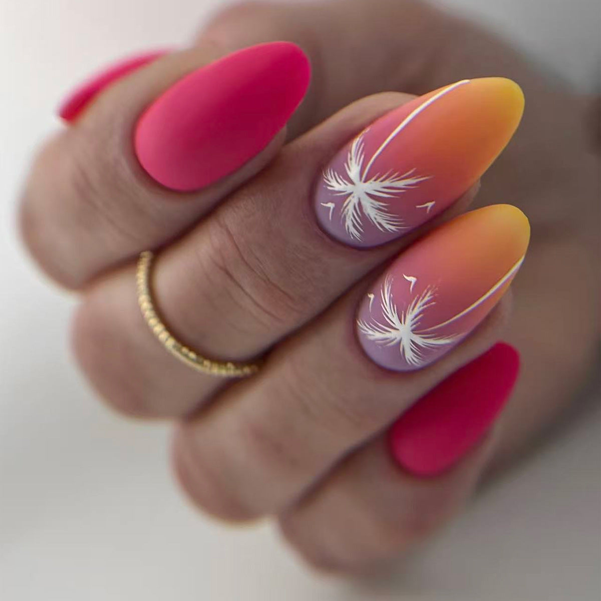 Tropical Sunset Medium Almond Pink Ombre with Delicate Floral Design Press-On Nail Set