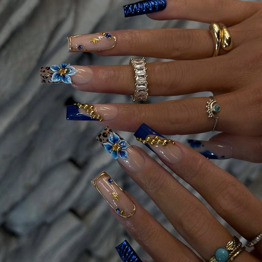 Elegant Ocean Vibes Long Square Blue Press On Nail Set with Floral and Gold Accents