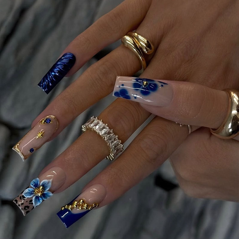 Celestial Elegance Long Square Blue Glamour with Floral Accents and Gold Detailing Press On Nail Set