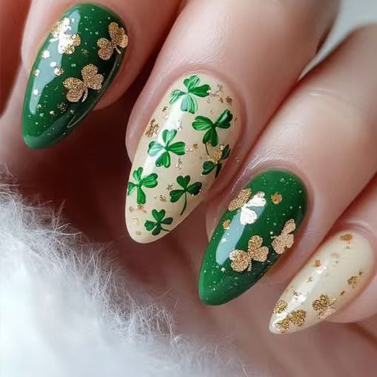 Emerald Enchantment Long Almond Green and Beige Floral Press On Nail Set with Glitter Accents