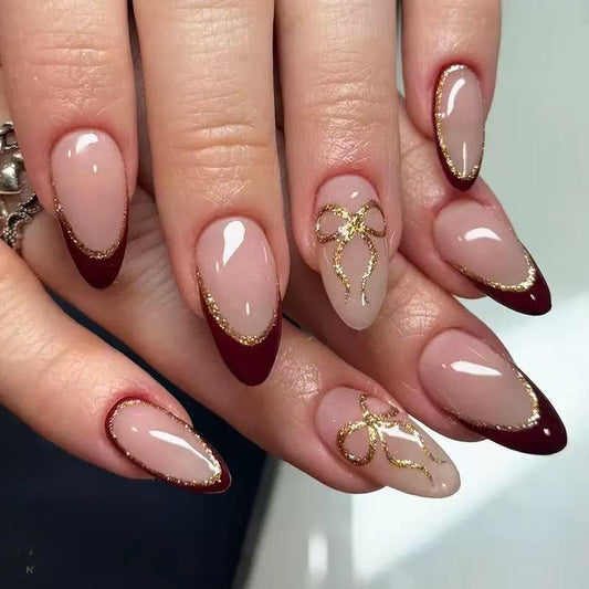Elegant Enchantment Long Almond Red and Beige Ombre with Gold Glitter Accent Press-On Nail Set