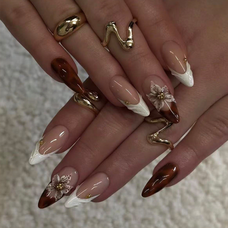 Elegant Floral Whimsical Long Almond Shape Brown and White with Hand-Painted Flowers and Gold Accents Press-On Nail Set