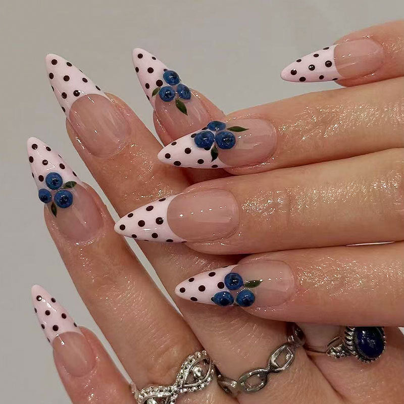 Whimsical Garden Floral Pink Polka Dot Long Almond Press On Nail Set with Beautiful Blueberry Accents