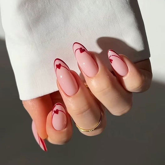 Romantic Journey Long Almond Shape Soft Pink with Heart Detailing Press On Nail Set