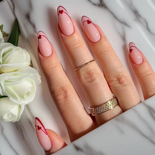 Romantic Bliss Long Almond Shaped Pink Nails with Heart Tips