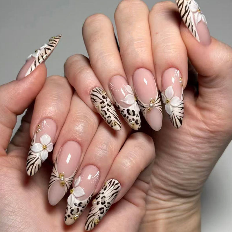 Tropical Glamour Long Almond Beige and Black Floral Design with Gold Accents Press on Nail Set