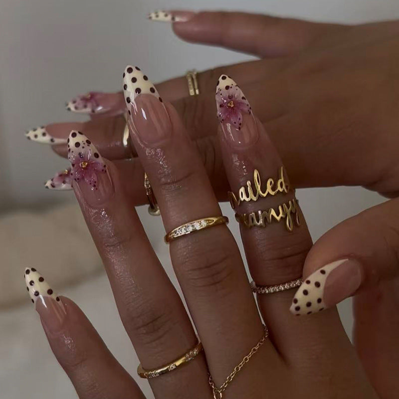 Floral Fantasy Long Almond Beige with Black Dots and Elegant Flower Accent Press-On Nail Set
