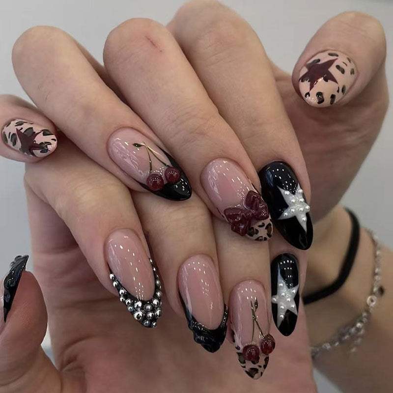 Cherry Blossom Elegance Long Almond Black and Beige with Decorative Charms and Bold Patterns Press on Nail Set