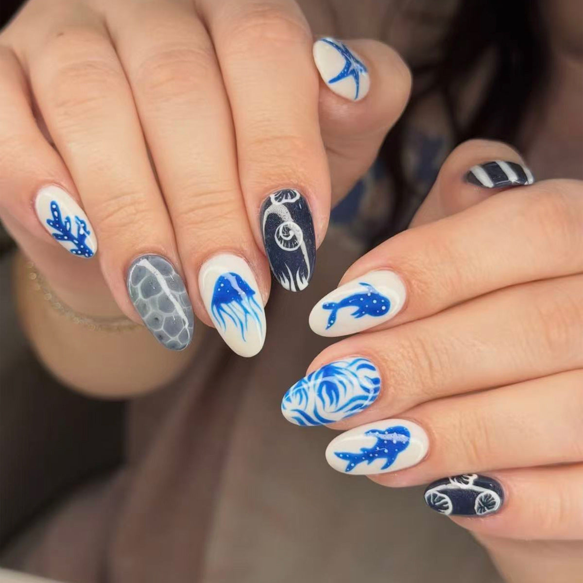 Oceanic Dream Medium Almond Blue Nail Set with Intricate Sea Life Designs