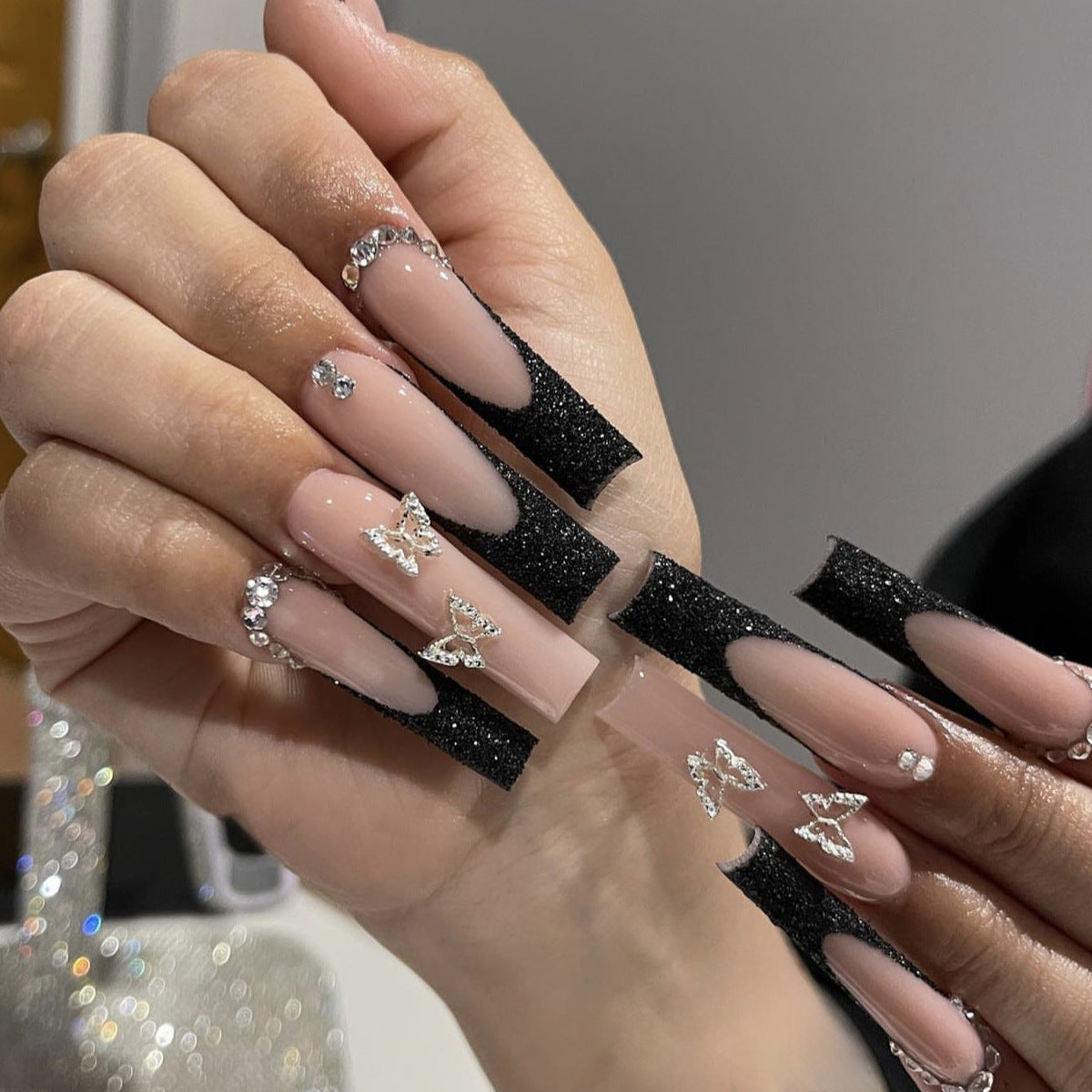 Chic Enchantment Long Square Blush Pink with Black Glitter Tips and Butterfly Accents Press On Nail Set