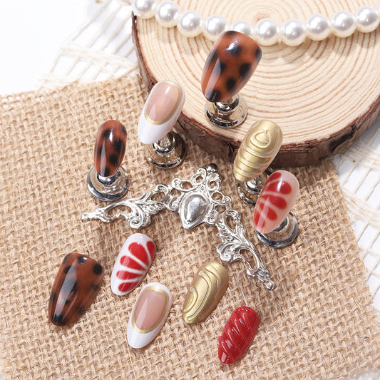Bohemian Charm Long Almond Brown and Red Press-On Nail Set with Unique Metallic Accent