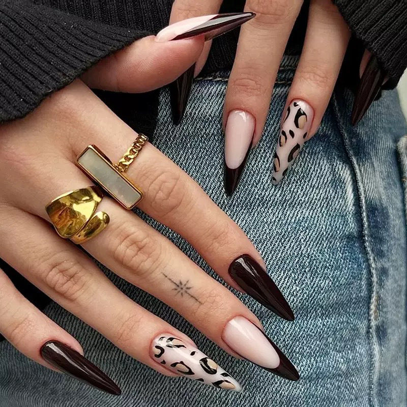 Glamorous Elegance Long Almond Burgundy and Beige Ombre with Leopard Accent Press On Nail Set