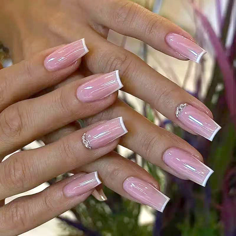 Elegant Blossom Medium Square Pink with Crystal Accents Press On Nail Set