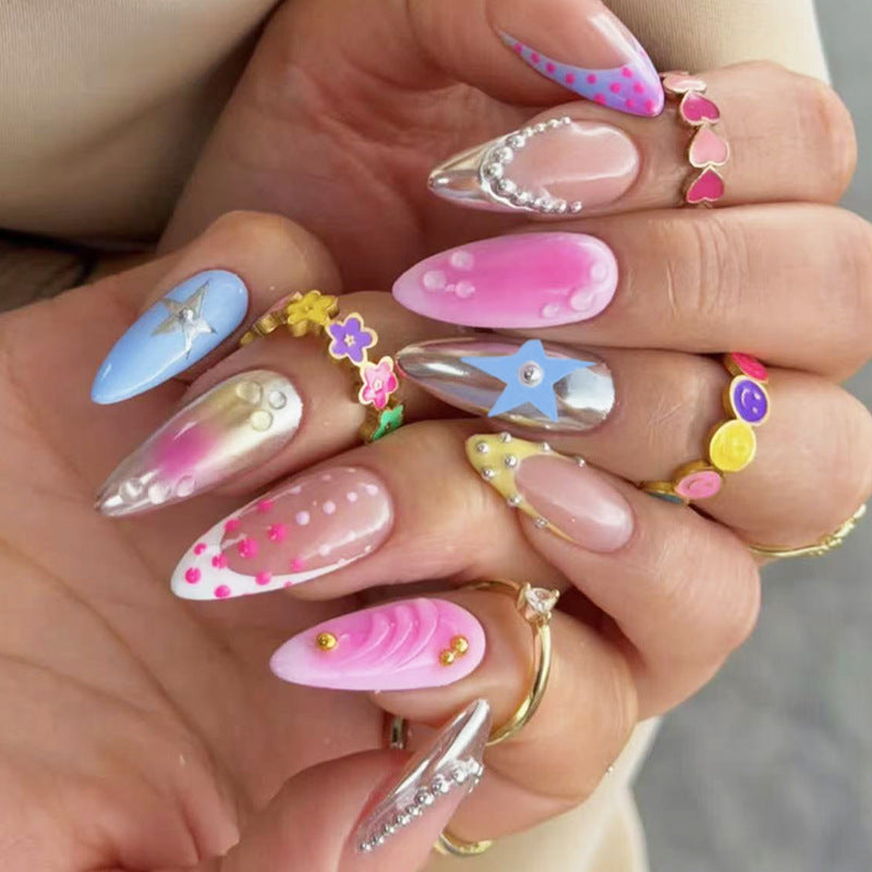 Whimsical Dreamy Medium Almond Pink and Blue Metallic Ombre with Charming Floral Accents Press On Nail Set