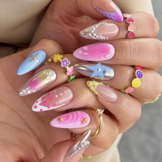 Whimsical Dreamy Medium Almond Pink and Blue Metallic Ombre with Charming Floral Accents Press On Nail Set