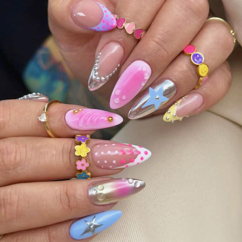 Whimsical Dream Press on Nail Set Long Almond Multicolored with Gemstone Accents
