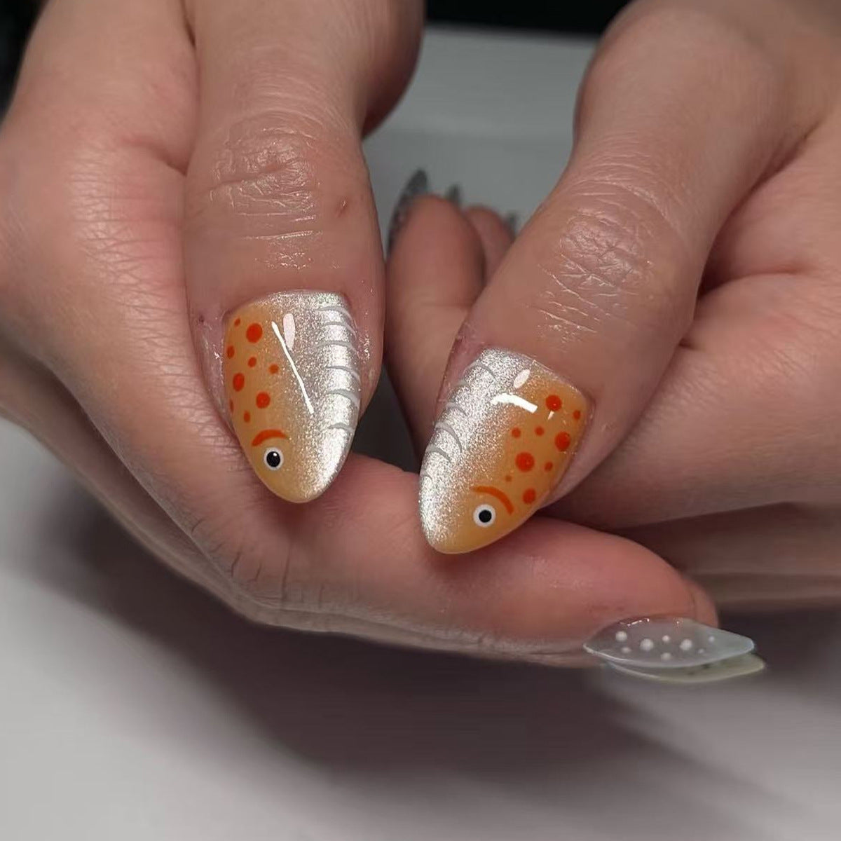 Artistic Underwater Vibe Medium Almond Orange Shrimp Design Press On Nail Set