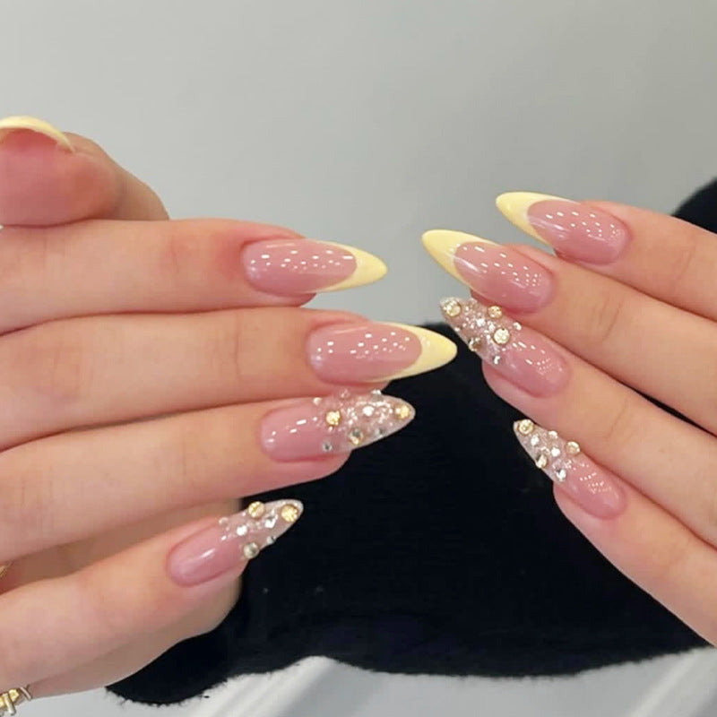 Glamorous Elegance Stunning Long Almond Shaped Blush Pink and Sunshine Yellow with Glittering Rhinestone Details Press On Nail Set
