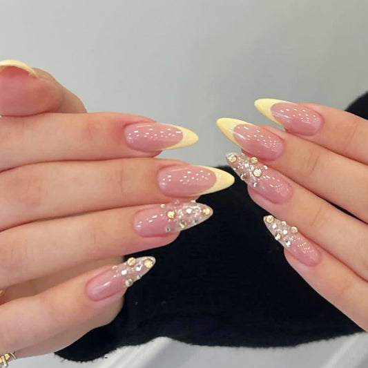 Glamorous Elegance Stunning Long Almond Shaped Blush Pink and Sunshine Yellow with Glittering Rhinestone Details Press On Nail Set