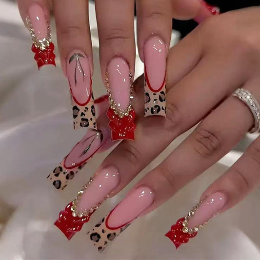 Fierce Fashionista Long Square Pink Leopard Print with Red Bow and Diamond Accent Press-on Nail Set