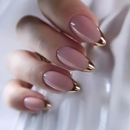 Glamorous Elegance Long Almond Shaped Soft Pink with Chic Gold Tip Press On Nail Set