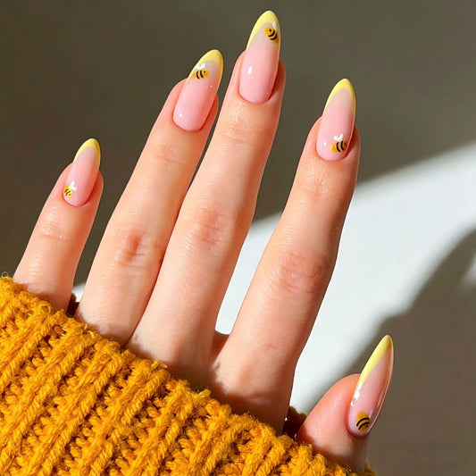 Honey Bee Inspired Long Almond Shaped Pink and Yellow Press On Nail Set with Cute Bee Accents