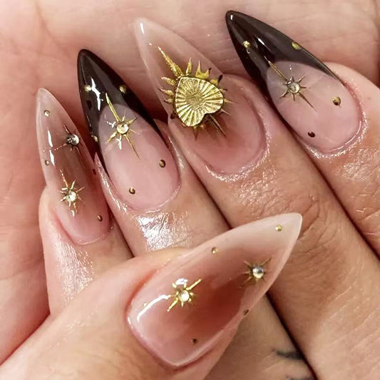 Celestial Elegance Long Almond Ombre Brown with Radiant Gold Accents Press On Nail Set