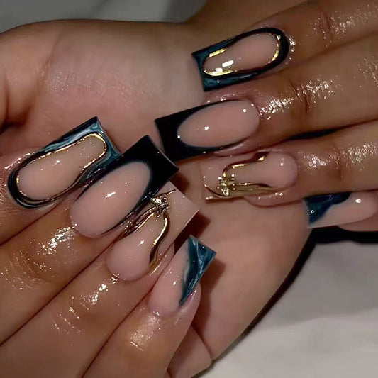 Elegant Oceanic Dream Long Square Shaped Glossy Blue and Beige Nail Set with Unique Gold Accents