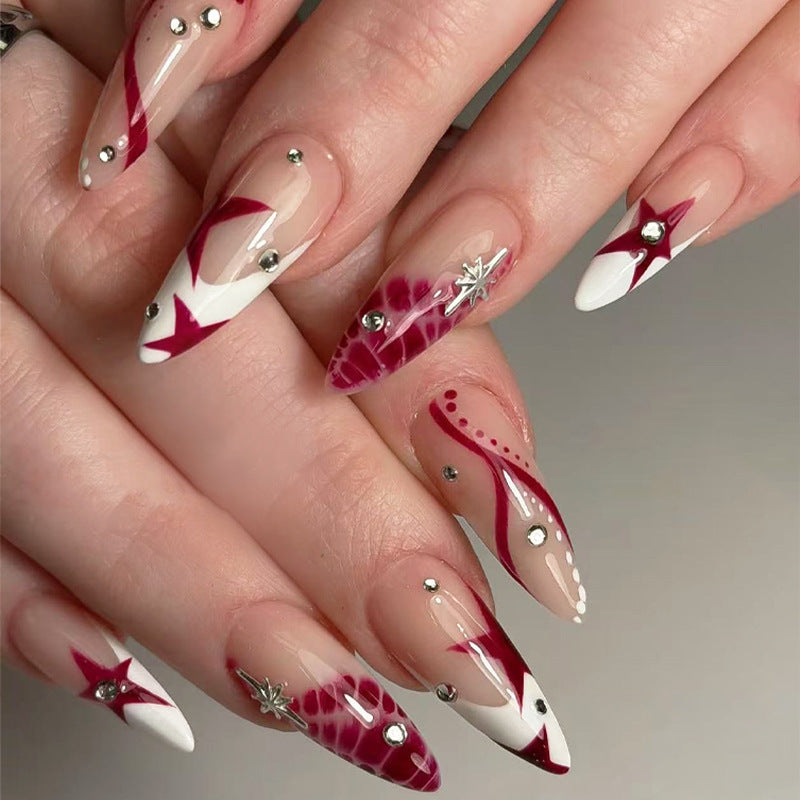 Enchanting Elegance Long Almond Burgundy and White Artistry with Sparkling Gems
