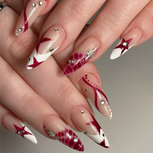 Enchanting Elegance Long Almond Burgundy and White Artistry with Sparkling Gems