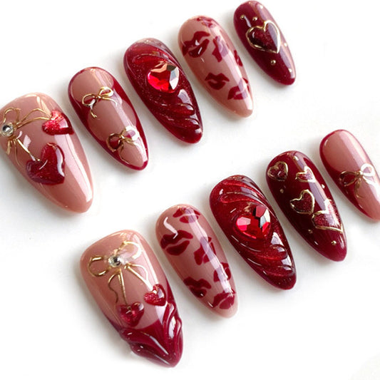 Romantic Elegance Medium Almond Red and Pink Long Press-On Nails with Heart and Gemstone Accents
