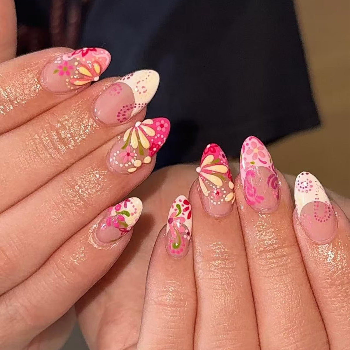 Whimsical Floral Medium Almond Pink and White Nail Set with Unique Artistic Design
