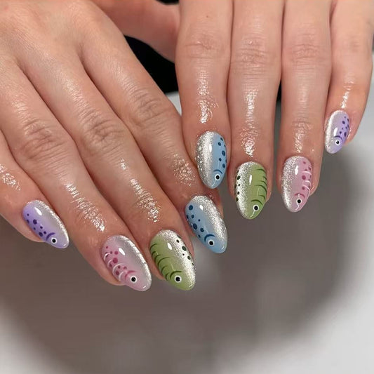 Underwater Fantasy Medium Almond Multi-Colored Fish Design Press On Nail Set