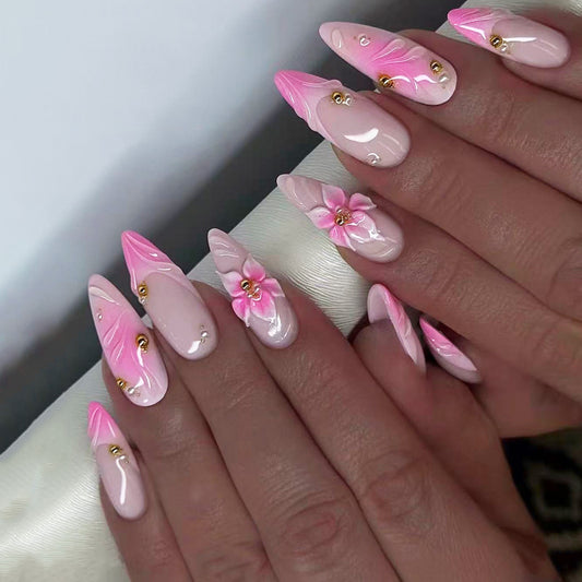 Blossoming Elegance Long Almond Pink Ombre with Floral Accents and Gold Details Nail Set