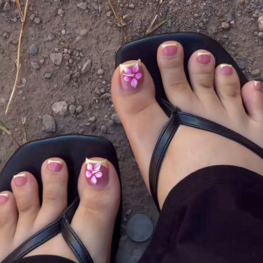 Tropical Paradise Elegant Short Square Pink Floral Press On Toenail Set