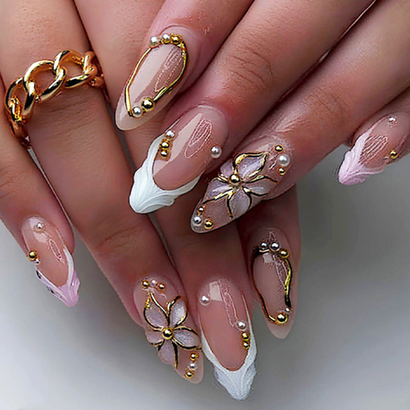Ethereal Elegance Long Almond Shaped Beige and White Press On Nail Set with Intricate Floral Design and Glamorous Gold Accents