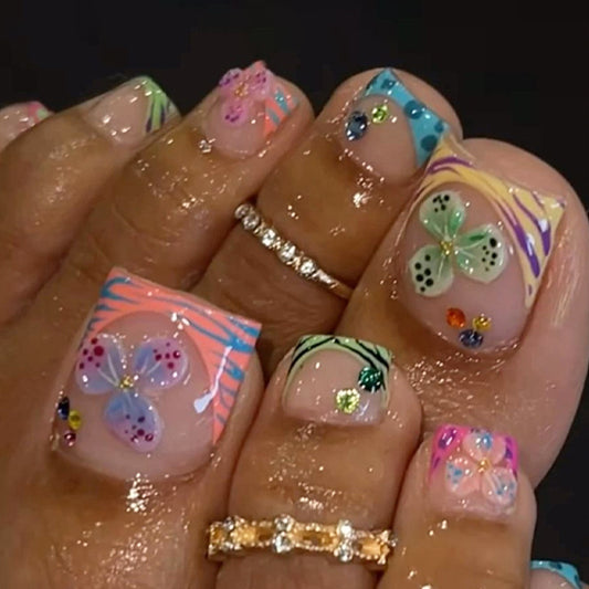 Whimsical Garden Short Square Press On Toenail Set Vibrant Colorful Design with Charming Flower Embellishments